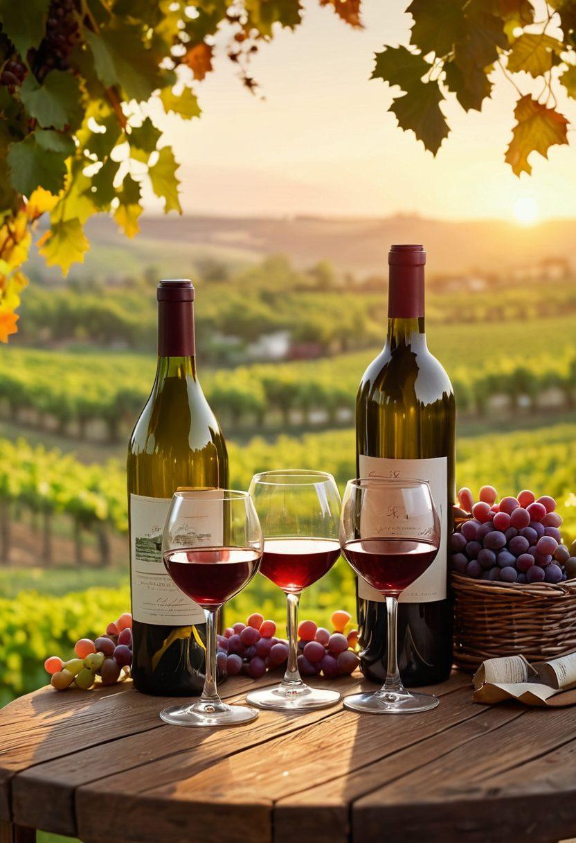 A beautifully arranged wine tasting scene featuring a variety of vintage wine bottles, a rustic wooden table adorned with wine glasses reflecting warm candlelight. A backdrop of a vineyard at sunset, lush grapes hanging on the vine, and soft-focus happy couples laughing and toasting. Emphasize a rich tapestry of colors with deep reds, golds, and greens to evoke warmth and joy. painterly style with Impressionist influences.