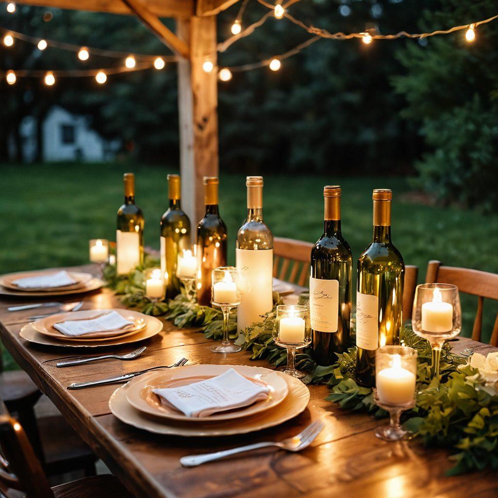 A cozy, elegant setting with a beautifully arranged table adorned with vintage wine bottles, glassware, and soft candlelight. Surround this with lush greenery and a warm sunset glowing in the background, evoking a sense of relaxation and joy. Include subtle hints of laughter and celebration in the air, capturing the essence of life's merriest moments. vintage style. warm colors. soft focus.