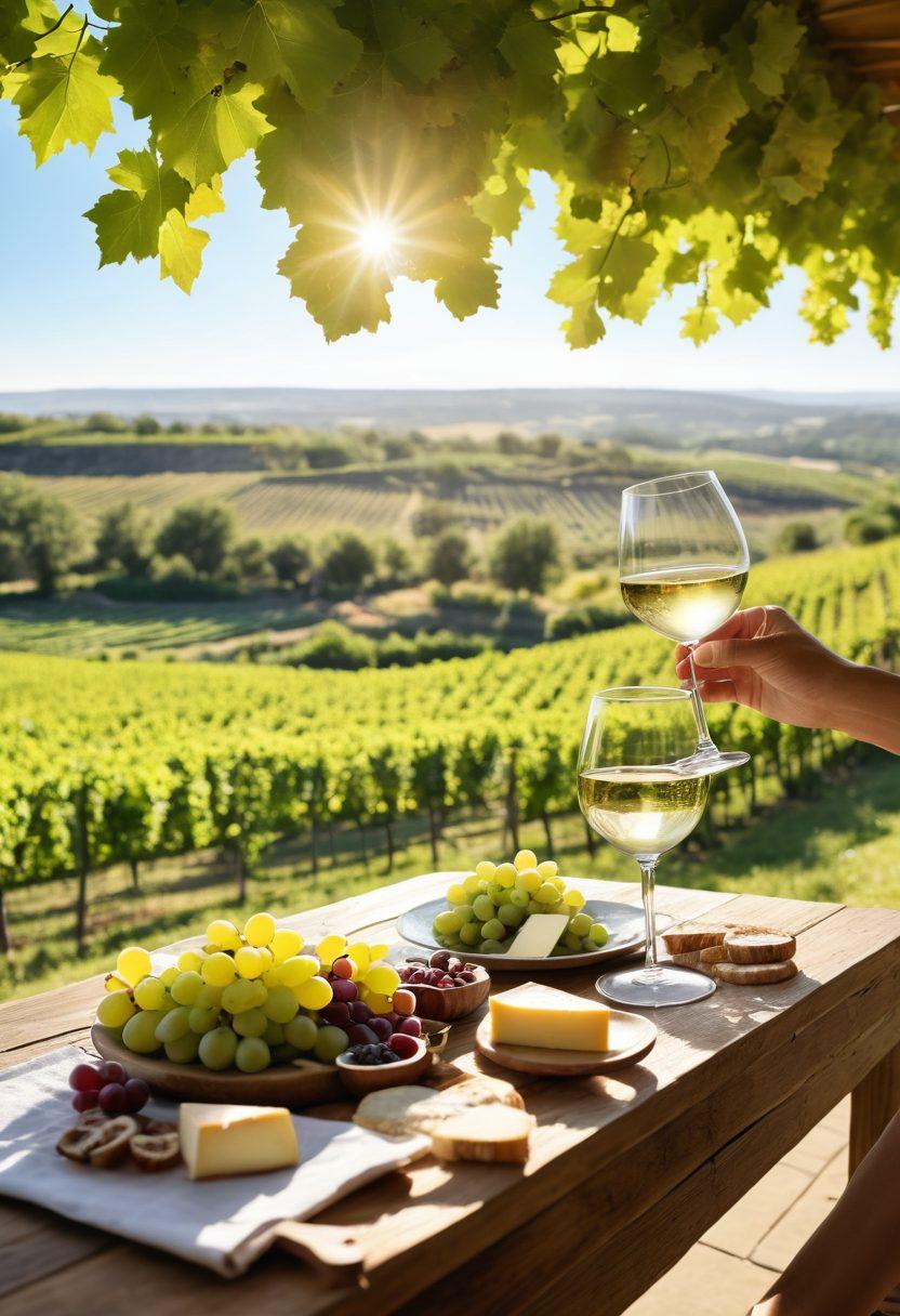 A picturesque vineyard with lush green grapevines stretching towards a clear blue sky, with a charming wine tasting setup featuring elegant glassware and a rustic wooden table adorned with a cheese platter. In the background, a group of diverse friends joyfully clinks their glasses together in celebration, capturing the essence of wine tasting adventures. The scene is bathed in warm golden sunlight, evoking a cheerful and inviting atmosphere. vibrant colors. super-realistic.